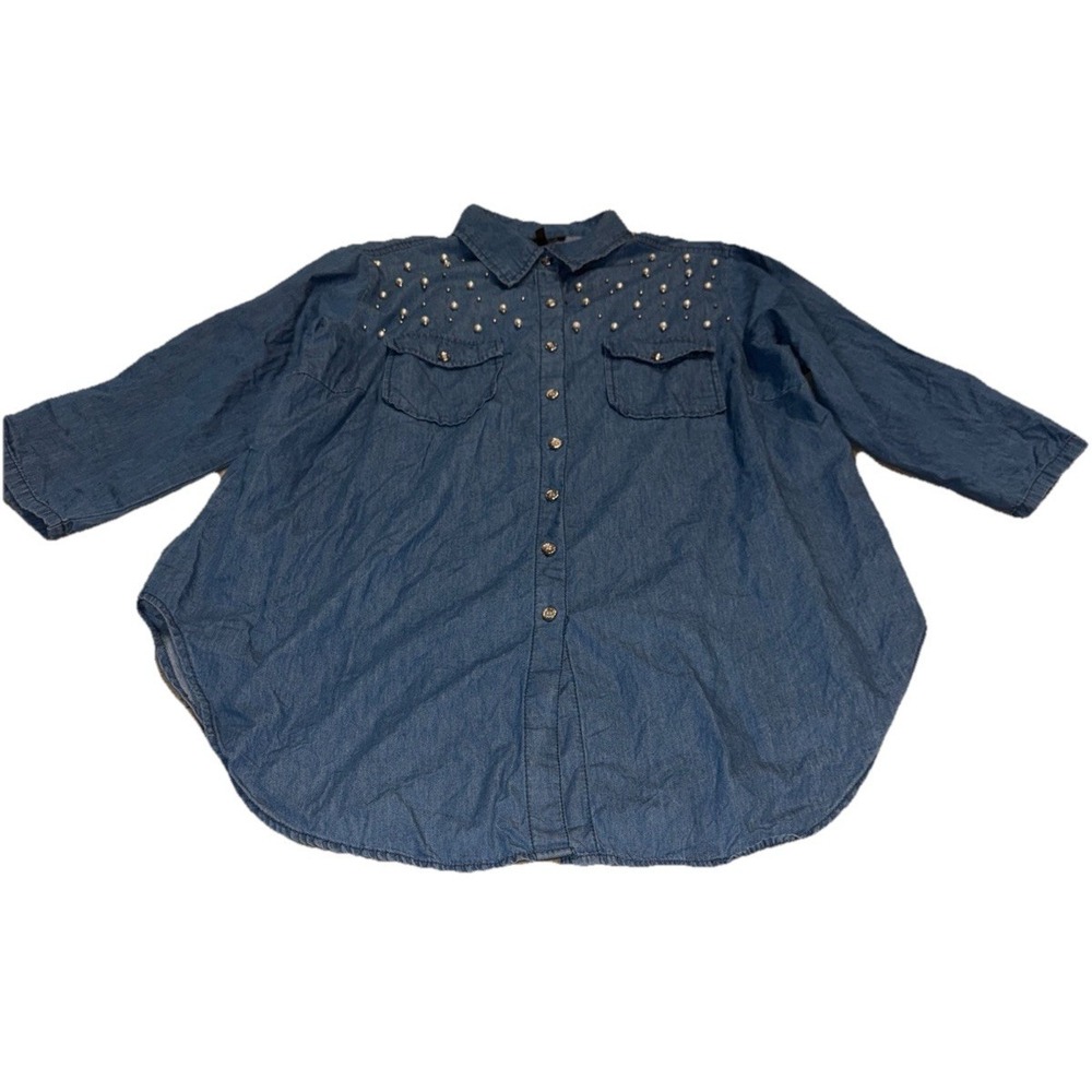 New Glory Blue Shirt Womens Roll Tab Sleeves Button Up Shirt Plus Sz 2X Womens